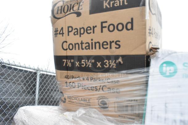 Box labeled "Choice #4 Paper Food Containers" with dimensions 7⅞" x 5½" x 3½", 160 pieces per case.