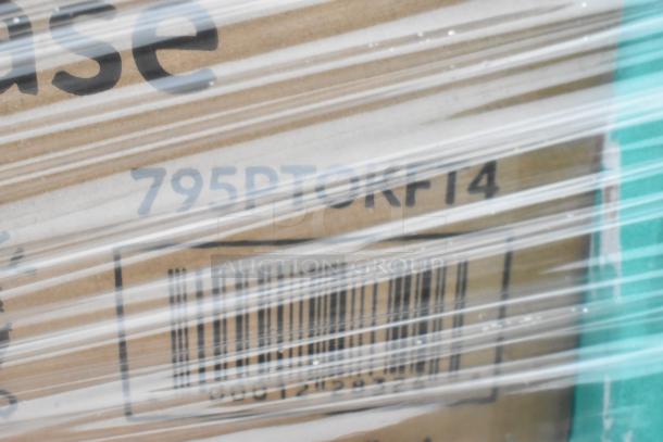 Box wrapped in plastic with visible barcode and label "795PTOKF14". Contains 28 scratch and dent items including towels and portion cups.