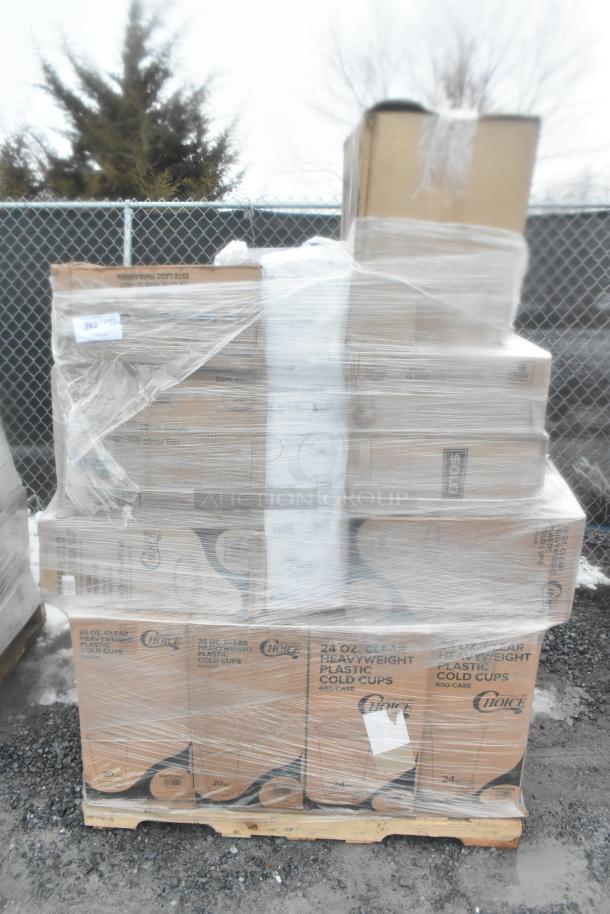 Pallet of 25 brand new scratch and dent items including lids, portion cups, and tongs, wrapped and ready for auction.