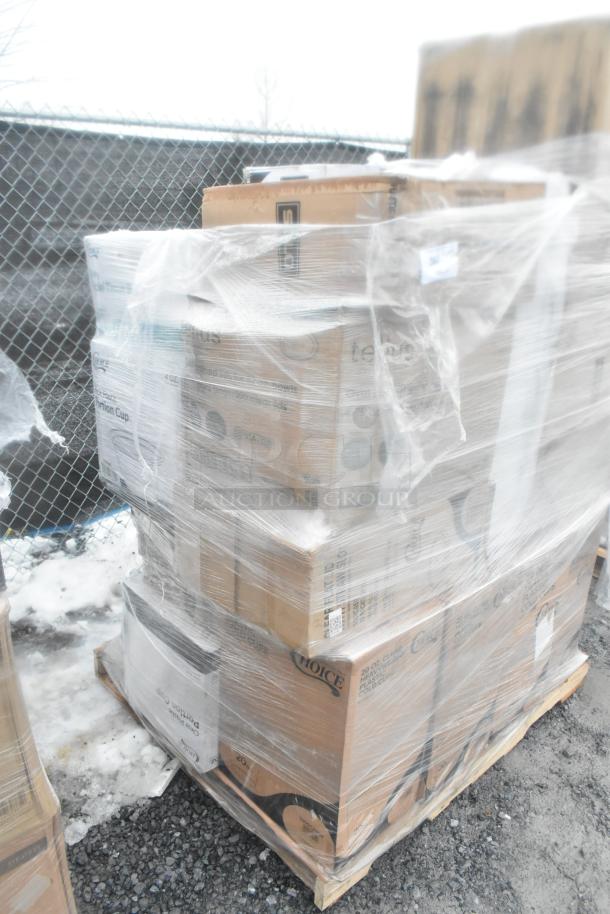 Pallet of brand new scratch and dent items, including lids, portion cups, and tongs, wrapped in plastic with visible box labels.