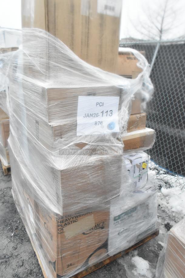Pallet of 25 brand new scratch and dent items, including lids, portion cups, tongs. Wrapped in plastic, visible labels.