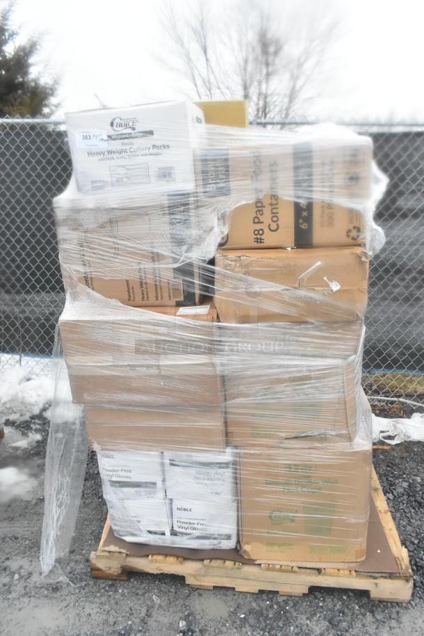 Pallet of scratch and dent items, including Noble gloves, heavy-weight cutlery packs, and paper food containers, wrapped in plastic.
