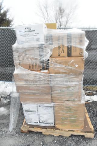 Pallet of scratch and dent items, including Noble gloves, heavy-weight cutlery packs, and paper food containers, wrapped in plastic.