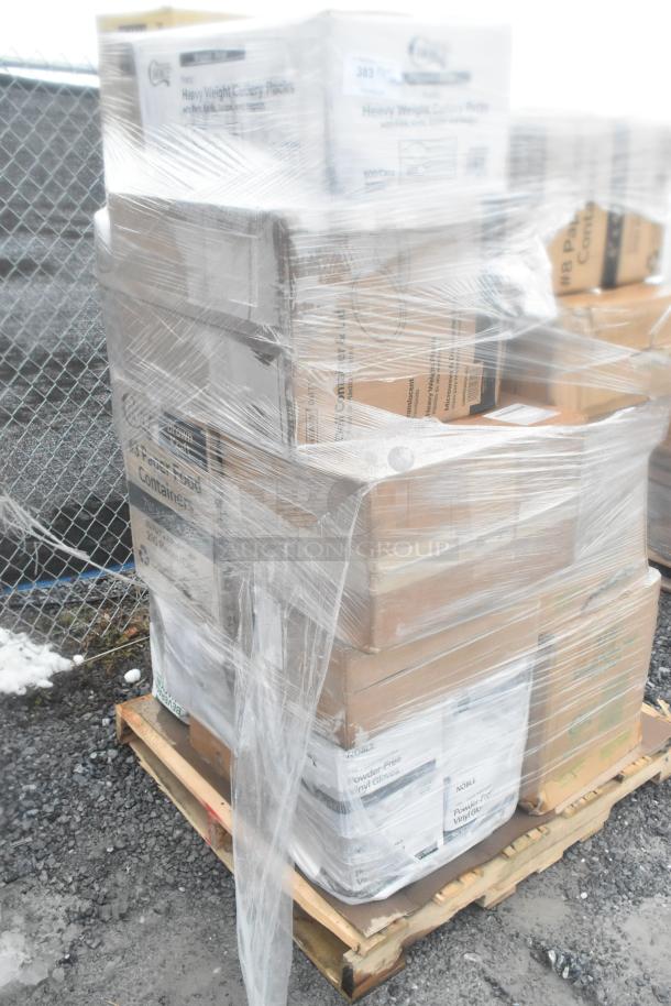 Shrink-wrapped pallet with boxes labeled "Heavy Weight Cutlery Packs" and "Powder-Free Vinyl Gloves" for auction.