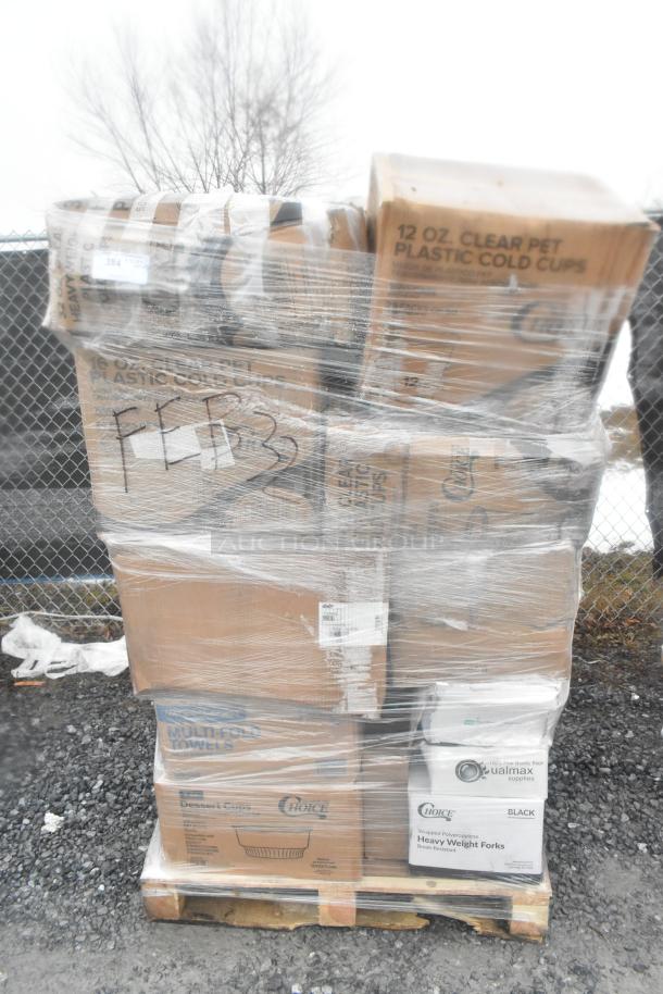 Shrink-wrapped pallet with boxes labeled "12 oz. Clear PET Plastic Cold Cups" and other disposable items. Scratch and dent condition.
