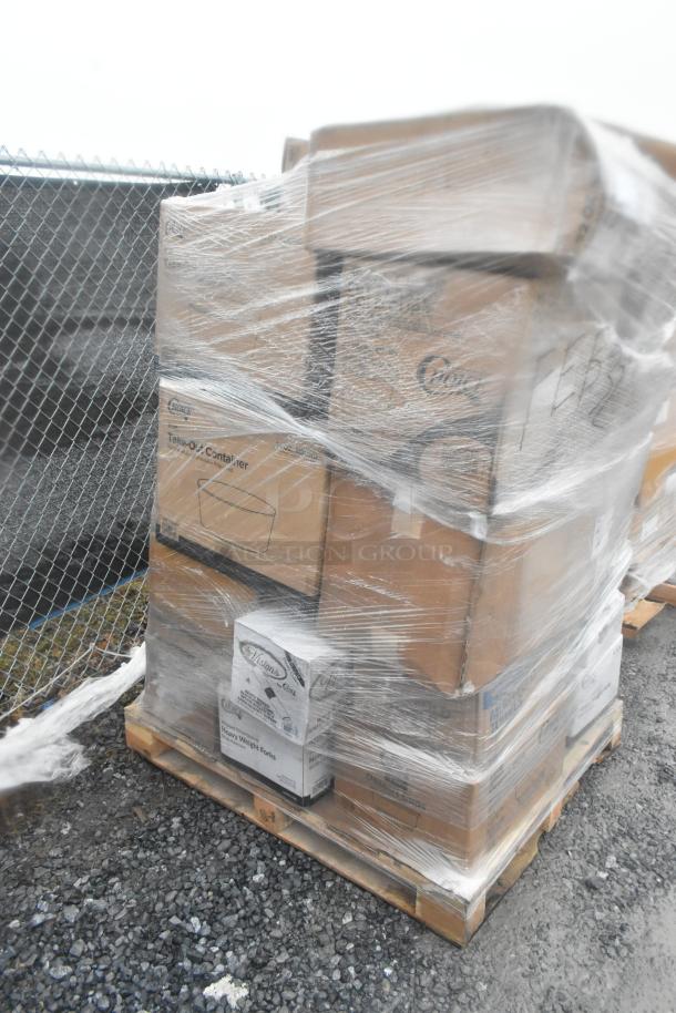 Pallet of 28 scratch and dent items, including cold cups and containers, wrapped in plastic, with visible boxes by Choice brand.