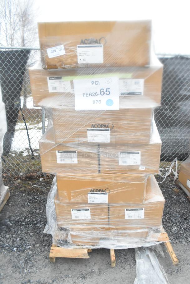 Stacked boxes labeled "Acopa," containing 21 brand new scratch and dent items like nappie bowls, mugs, and tile, on a pallet.