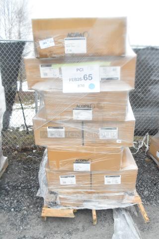 Stacked boxes labeled "Acopa," containing 21 brand new scratch and dent items like nappie bowls, mugs, and tile, on a pallet.
