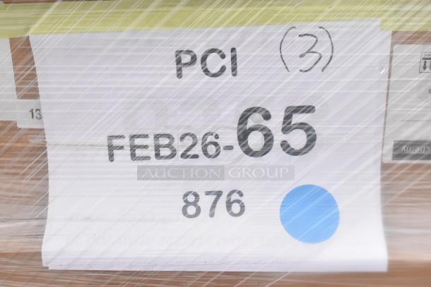 Plastic-wrapped label showing “PCI FEB26-65 876” with a blue dot, indicating a lot of 21 new scratch and dent items.