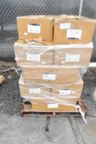 Pallet of 14 new scratch and dent items, including mugs, in labeled boxes, wrapped in clear plastic wrap.