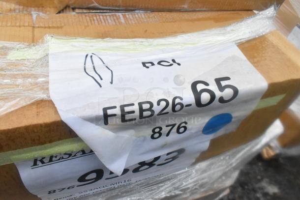 Cardboard box labeled "FEB26-65", wrapped in plastic, part of an auction lot of 14 scratch and dent items including mugs.