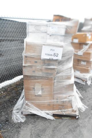 Pallet of 29 brand new scratch and dent items wrapped in plastic, includes wine glasses, bottles, jars. UPC: 099060100.