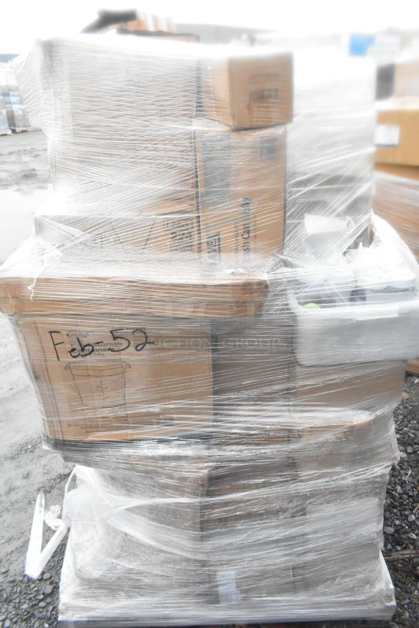 29 new scratch and dent items wrapped on a pallet. Includes mixed containers and glassware. Labeled "Feb 52."
