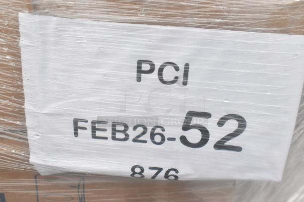 Plastic-wrapped pallet labeled "PCI FEB26-52," containing 29 new scratch and dent items like wine glasses and bottles.