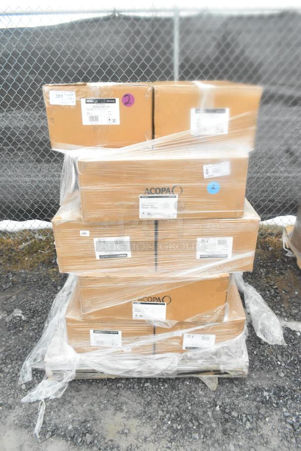 Stacked boxes of Acopa mule mugs, brand new with minor scratches and dents. Labels visible, packed for auction.