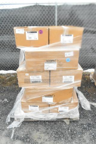 Stacked boxes of Acopa mule mugs, brand new with minor scratches and dents. Labels visible, packed for auction.