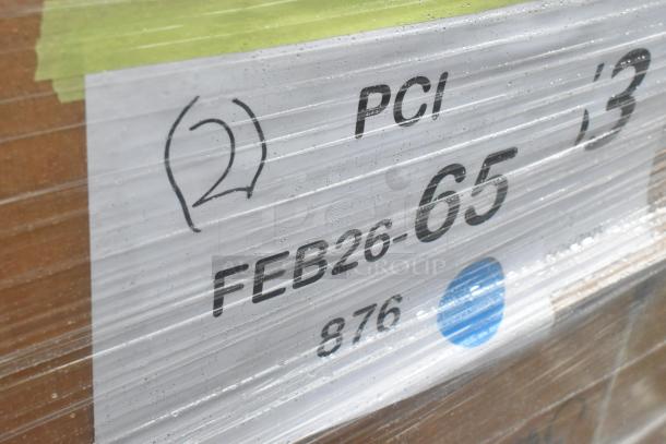 Image of pallet wrapped in plastic, labeled "PCI FEB26-65," containing 14 brand new scratch and dent items including Acopa mule mugs.