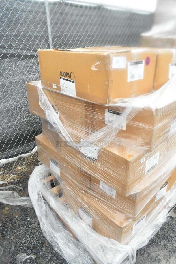 Stack of sealed boxes containing scratch and dent Acopa mule mugs, wrapped in plastic on a pallet outdoors, labels visible.