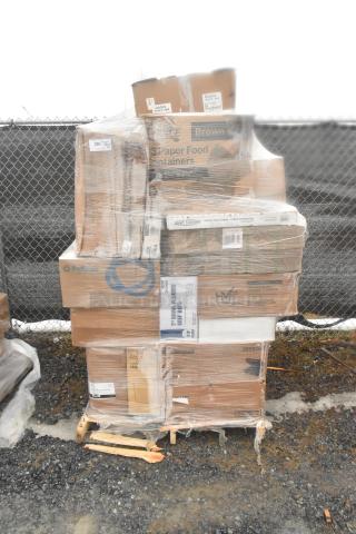 Pallet of 25 scratch and dent items, including bubble mailers, hot cups, and trash bags. Sealed in plastic wrap.