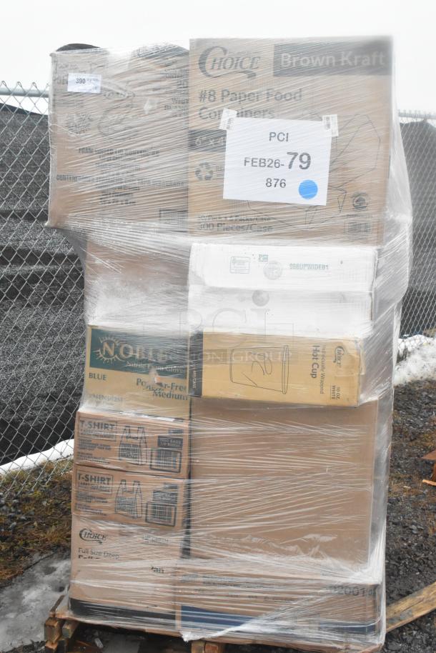 Palette of 30 new scratch-and-dent items, including take-out containers, paper towels, and fiber plates. Wrapped for auction.