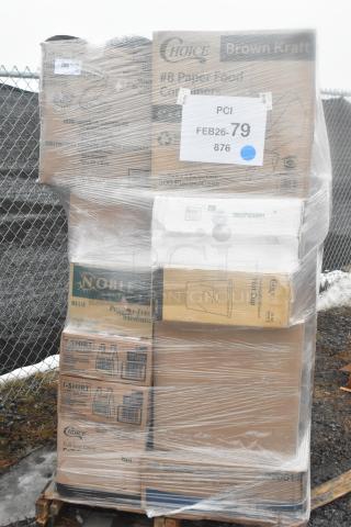 Palette of 30 new scratch-and-dent items, including take-out containers, paper towels, and fiber plates. Wrapped for auction.