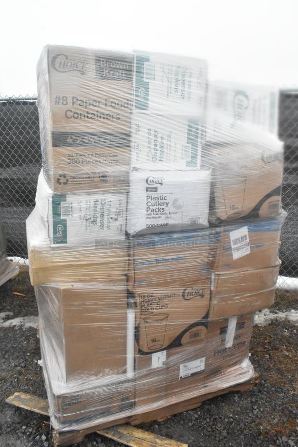 Shrink-wrapped pallet with 30 brand new scratch and dent items. Boxes labeled for take-out containers, paper towels, fiber plates.