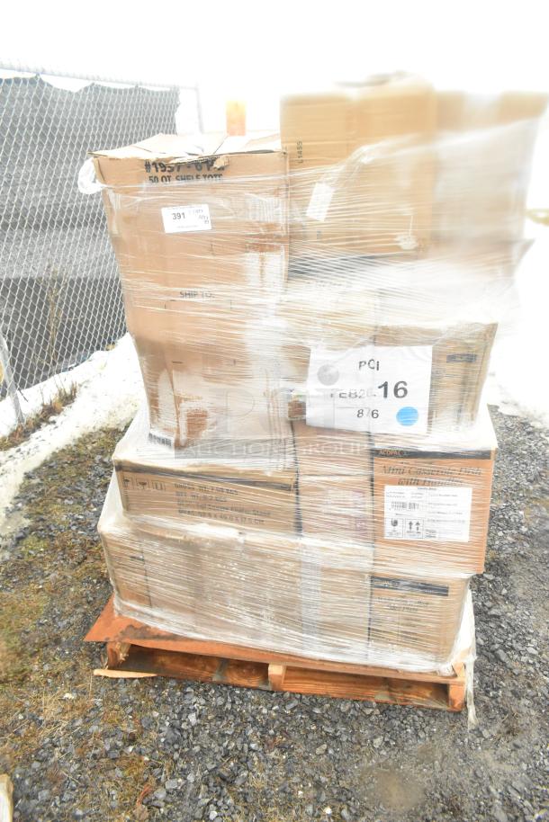 Pallet of 29 brand new scratch and dent items, including teapot and sushi boats, wrapped in plastic with visible labels.