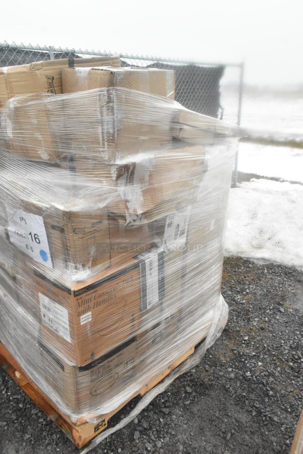 Pallet of 29 wrapped boxes, containing new scratch-and-dent items like a padded seat, teapot, and sushi boats.