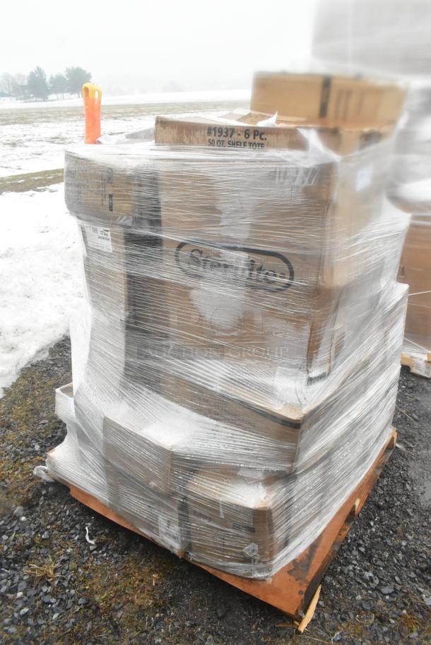 Pallet of 29 new scratch and dent items, shrink-wrapped for auction. Includes padded seat, teapot, shelf divider, sushi boats.