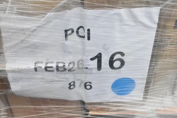Pallet of 29 scratch and dent items, wrapped in plastic. Label shows "Feb 26" and "16". Includes padded seat, teapot, divider.