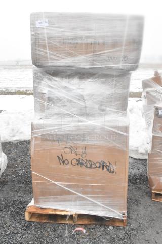 Pallet with 7 brand new scratch and dent items wrapped in plastic, including ice bin and dish table, labeled "No Cardboard."