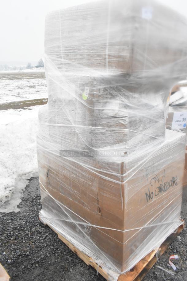 Pallet with 7 new scratch and dent items, wrapped in clear plastic. Visible labels on boxes indicate "No Cardboard."