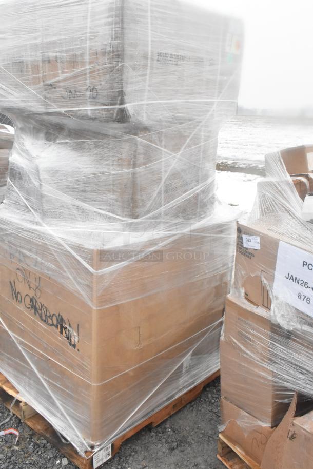 Pallet with plastic-wrapped boxes labeled for auctions. Includes ice bin, dish table. Items are scratch and dent, brand new.