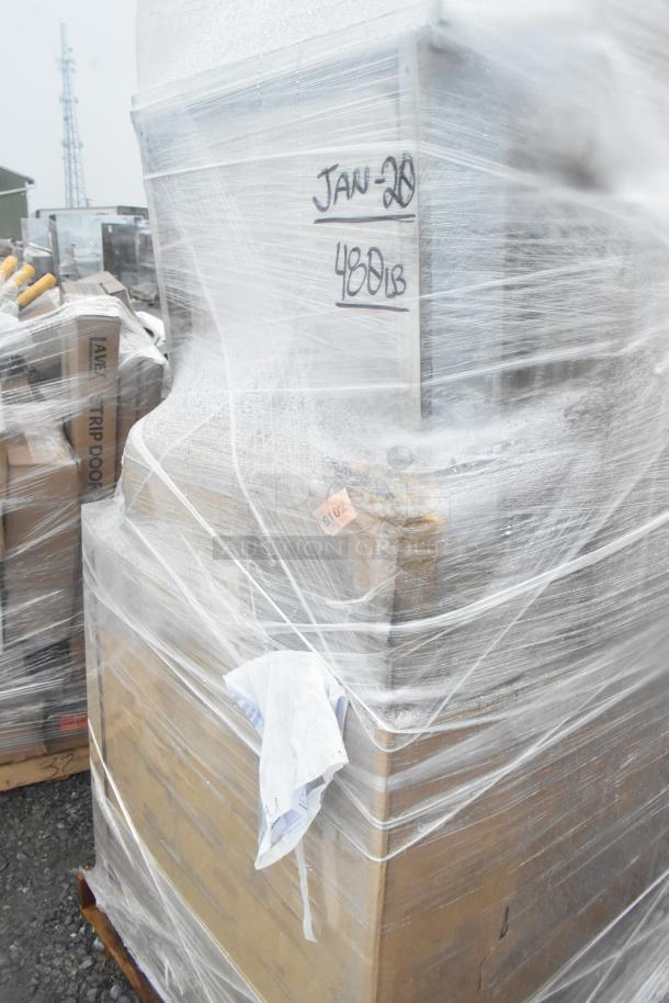 Shrink-wrapped pallet of seven brand new items including ice bin, dish table; labeled "Jan-29, 480lb" indicating weight.