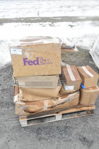 Stack of 16 brand new scratch and dent boxes on a pallet. Includes steam table pans and slicer attachment. FedEx and shipping labels visible.