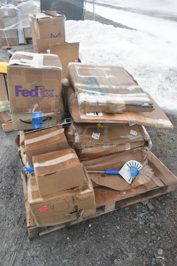 16 brand new, scratch and dent items on a pallet, includes steam table pans and slicer attachment, visible labels.