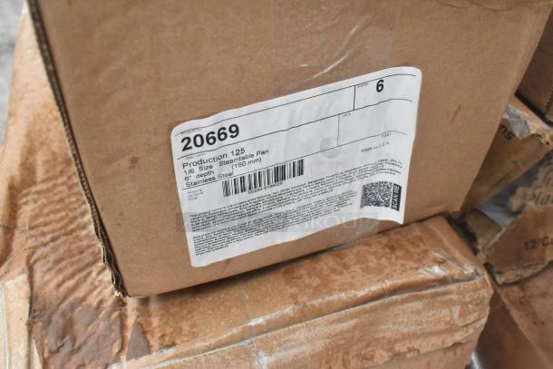 Box labeled "Production 125, 1/6 Size Steam Table Pan, 6" depth, Stainless Steel, Made in USA." Brown packaging, slightly dented.