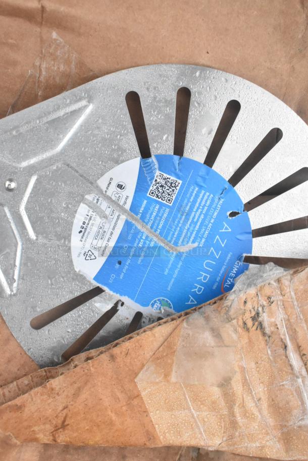 Metal slicer attachment with Azzurra brand label, featuring vented design. New condition, part of 16-item auction lot.