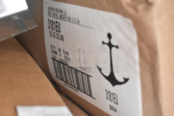 Anchor Hocking box label showing 3181EU model, 10.5 oz Collins, quantity 36, with anchor logo and barcode.