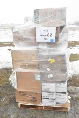 Pallet of 29 new, scratch and dent items, including hot cups, spoons, food cups, cake circles, wrapped in plastic.