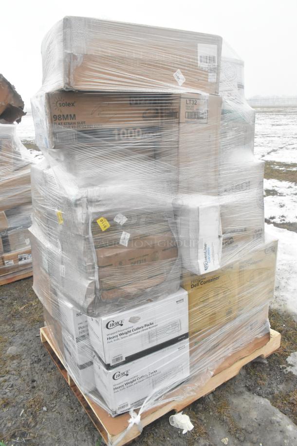 Pallet of brand new scratch and dent items, including hot cups, spoons, food cups, and cake circles, wrapped in plastic.