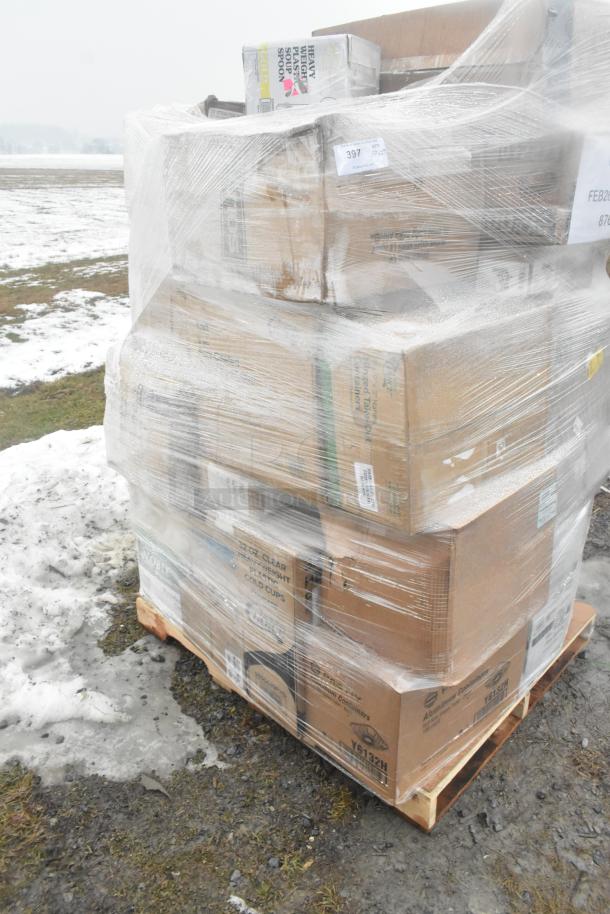 Pallet of 29 new scratch and dent items including hot cups, spoons, food cups, cake circles, wrapped in plastic.