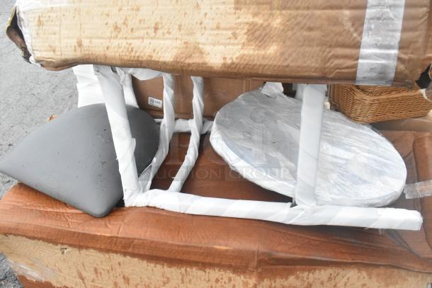 13 brand new scratch and dent items including wrapped posts, casters, handle. Items stacked, visible signs of wear on packaging.