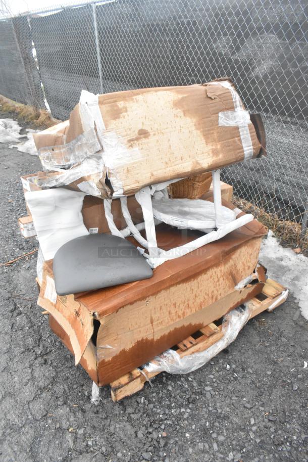 13 new scratch and dent items including casters, handles, posts; packed on a pallet with damaged packaging.