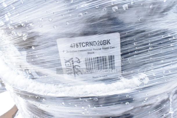 Plastic-wrapped commercial trash can with label: "20 Gallon Commercial Round Trash Can - Black", model 475TCRND20BK, made in USA.