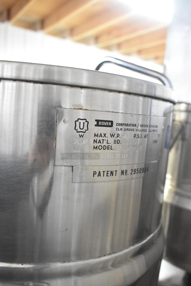 2 Groen TDC/2-20 20 Quart Tilting Kettles on Market Forge MT2-5ES base with visible model plate and patent number.