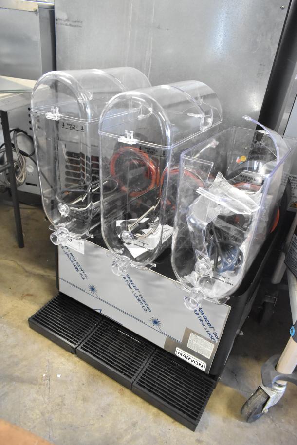 Brand new Narvon 378RBD5G3 triple 5-gallon refrigerated beverage dispenser. Scratch and dent condition, 115 volts, 1 phase.