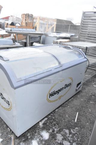 XS-500YX Novelty Ice Cream Chest Freezer Merchandiser, 115V, 1 Phase. Häagen-Dazs branding, in outdoor setting.