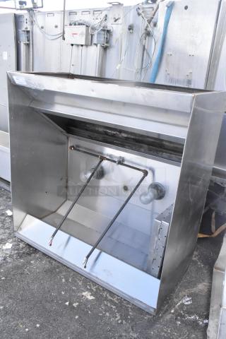 5' commercial grease hood with integrated lights, stainless steel, visible wear, wiring for installation.