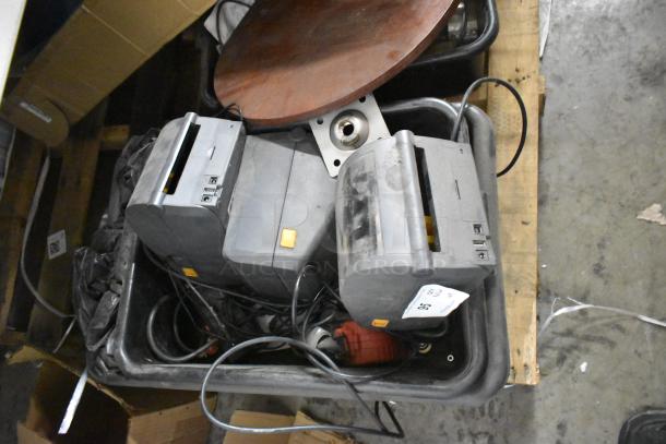 Mixed lot of 14 items including receipt printers, hardware, table legs, and cables. Visible wear, assorted condition.